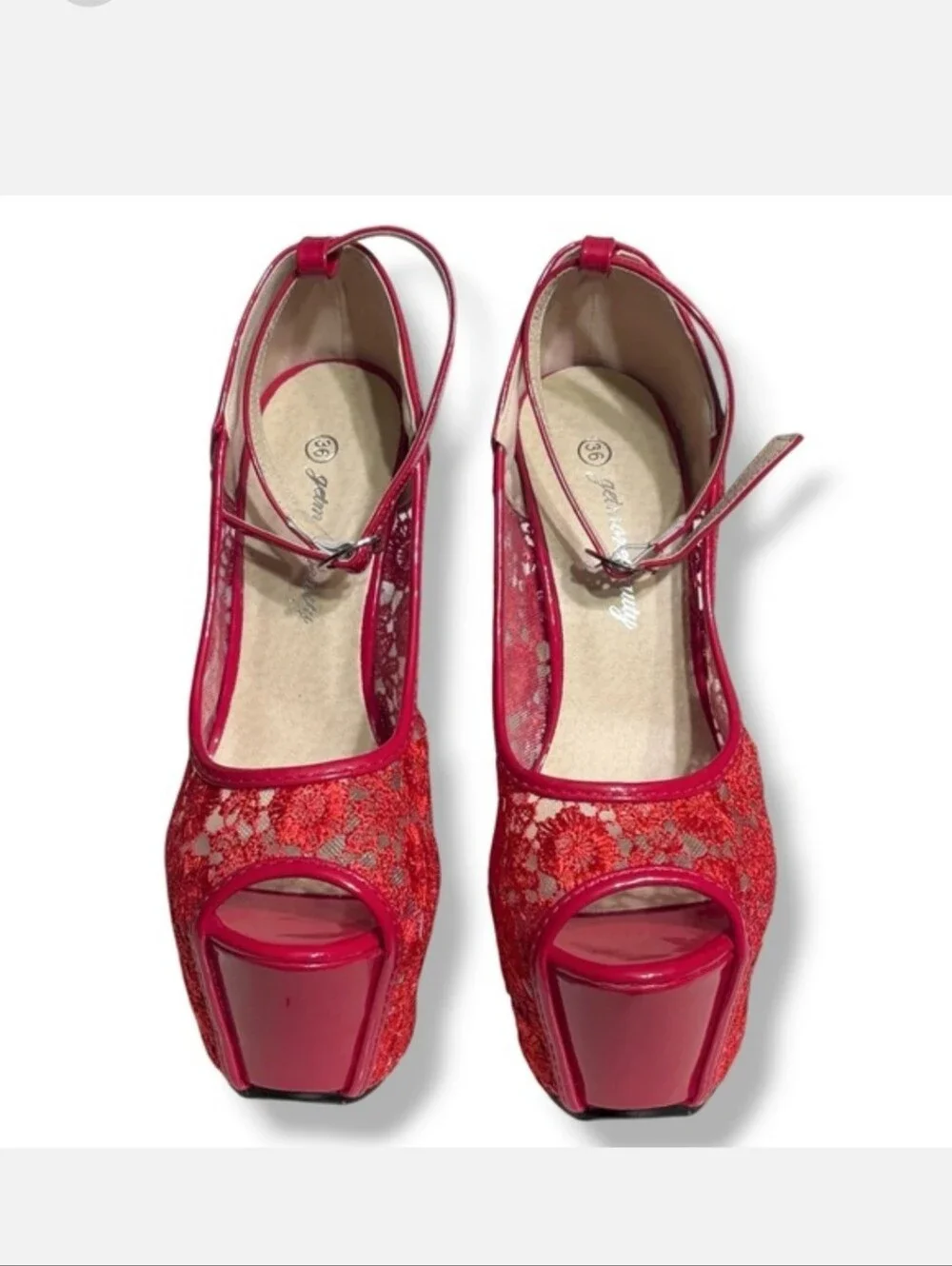 GETMOREBEAUTY Red Lace & Patent Leather Platform Stilettos Ankle Strap Size 36/6